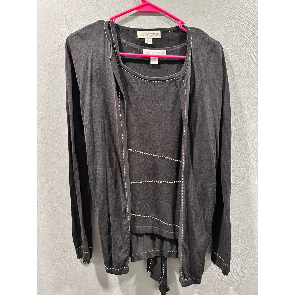 Casual Corner Black Knit Cardigan Tank Twin Set Topstitching Australia Medium L